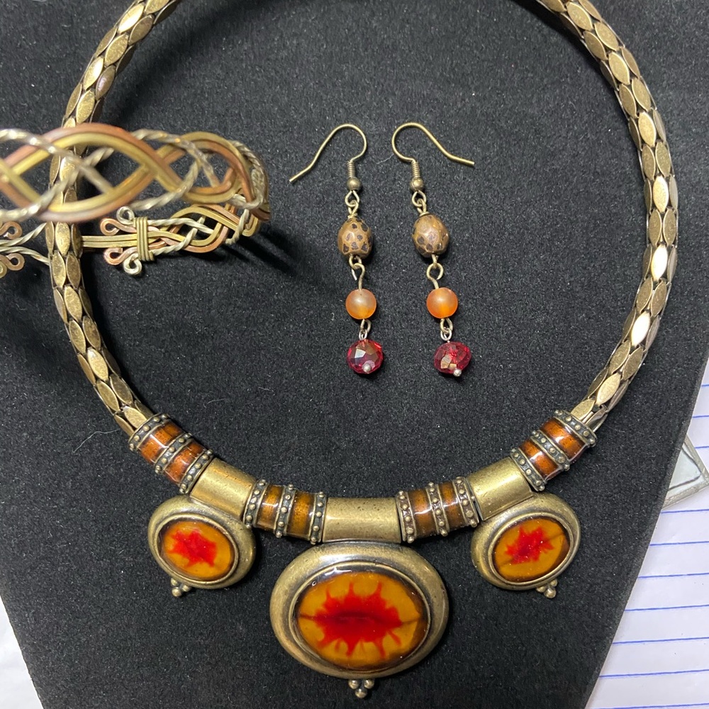 Chico’s brass and enameled choker.. earrings and hand crafted bracelet - Picture 1 of 5